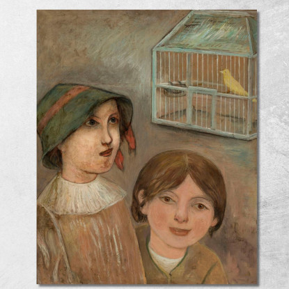 Due Bambine Accanto A Una Gabbia Con Un Canarino Tadeusz Makowski tmk190 quadro stampato su tela