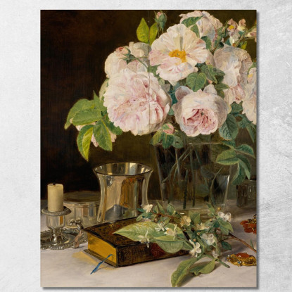 Rose In Un Bicchiere: Natura Morta Con Rose Candelabro E Coppa D'Argento Ferdinand Georg Waldmüller fgw95 quadro stampato su te