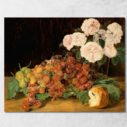 Natura Morta Con Rose Fragole E Pane Ferdinand Georg Waldmüller fgw105 quadro stampato su tela