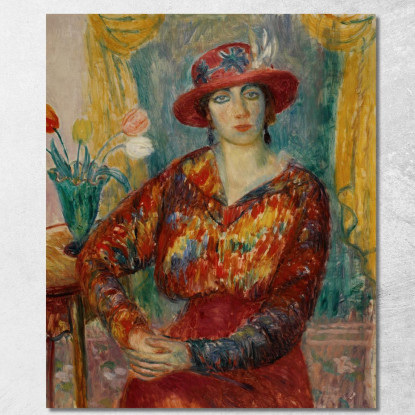 Donna In Camicetta Rossa Con Tulipani William James Glackens wjg64 quadro stampato su tela