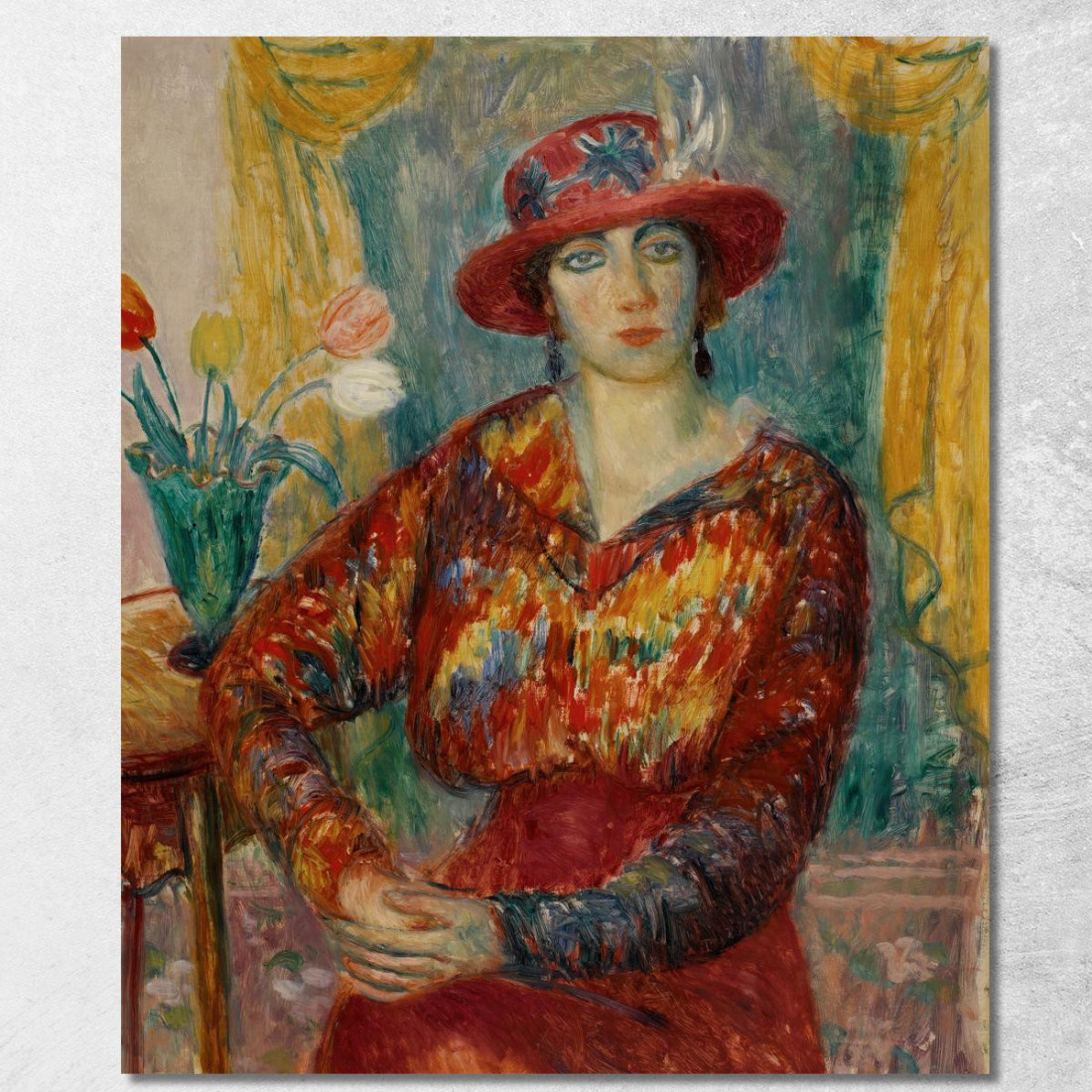 Donna In Camicetta Rossa Con Tulipani William James Glackens wjg64 quadro stampato su tela