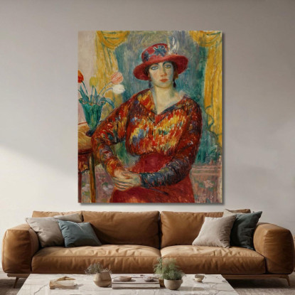 Donna In Camicetta Rossa Con Tulipani William James Glackens wjg64 quadro stampato su tela