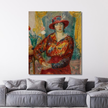 Donna In Camicetta Rossa Con Tulipani William James Glackens wjg64 quadro stampato su tela