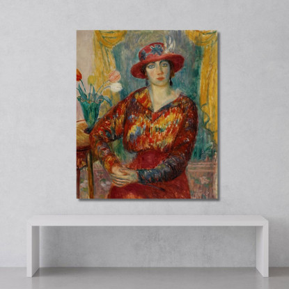 Donna In Camicetta Rossa Con Tulipani William James Glackens wjg64 quadro stampato su tela