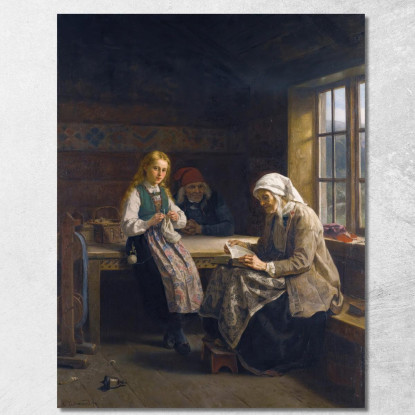 Un Interno Di Hardanger Con Una Giovane Ragazza Che Lavora A Maglia Adolph Tidemand atd3 quadro stampato su tela