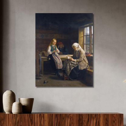 Un Interno Di Hardanger Con Una Giovane Ragazza Che Lavora A Maglia Adolph Tidemand atd3 quadro stampato su tela