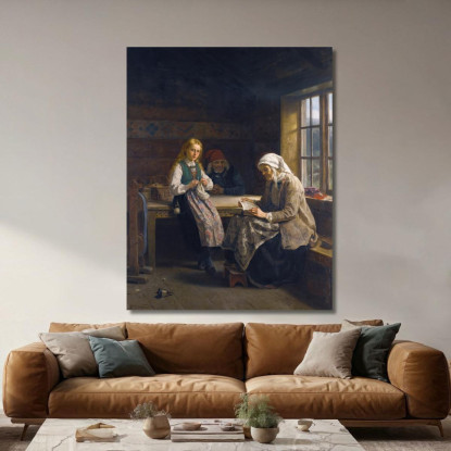 Un Interno Di Hardanger Con Una Giovane Ragazza Che Lavora A Maglia Adolph Tidemand atd3 quadro stampato su tela