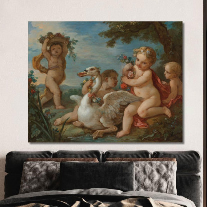 Putti Che Adornano Un Cigno Con Una Ghirlanda Di Fiori Charles-Joseph Natoire cjn16 quadro stampato su tela