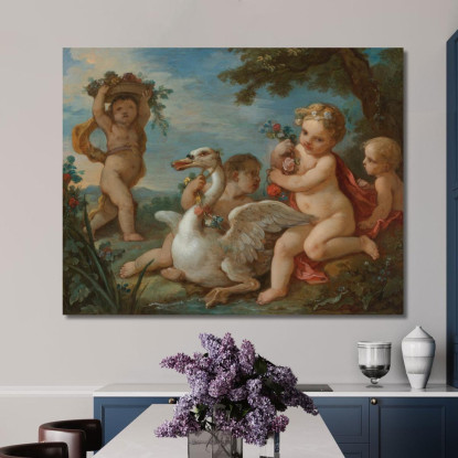 Putti Che Adornano Un Cigno Con Una Ghirlanda Di Fiori Charles-Joseph Natoire cjn16 quadro stampato su tela