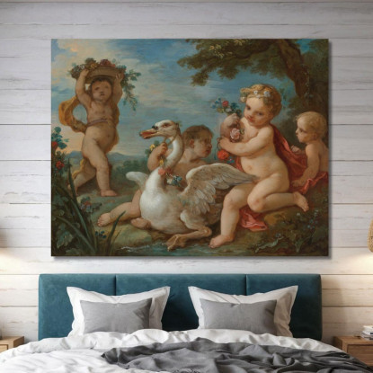 Putti Che Adornano Un Cigno Con Una Ghirlanda Di Fiori Charles-Joseph Natoire cjn16 quadro stampato su tela