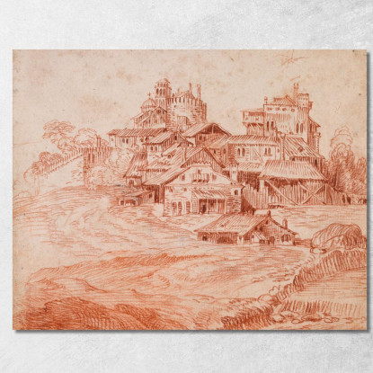 Villaggio Fortificato Con Un Mastio E Una Chiesa Jean-Antoine Watteau jaw9 quadro stampato su tela