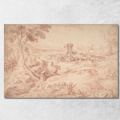 Paesaggio Con Una Vecchia Che Tiene Un Fuso Da Domenico Campagnola Jean-Antoine Watteau jaw16 quadro stampato su tela