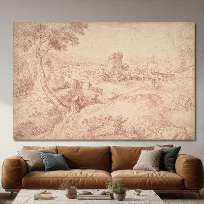 Paesaggio Con Una Vecchia Che Tiene Un Fuso Da Domenico Campagnola Jean-Antoine Watteau jaw16 quadro stampato su tela