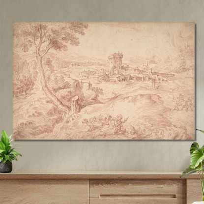 Paesaggio Con Una Vecchia Che Tiene Un Fuso Da Domenico Campagnola Jean-Antoine Watteau jaw16 quadro stampato su tela