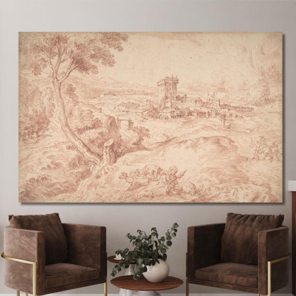 Paesaggio Con Una Vecchia Che Tiene Un Fuso Da Domenico Campagnola Jean-Antoine Watteau jaw16 quadro stampato su tela