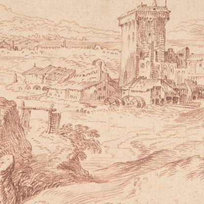 Paesaggio Con Una Vecchia Che Tiene Un Fuso Da Domenico Campagnola Jean-Antoine Watteau jaw16 quadro stampato su tela