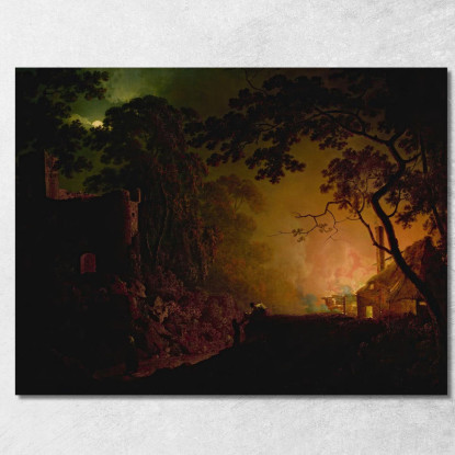 Un Cottage In Fiamme Di Notte Joseph Wright of Derby jwd1 quadro stampato su tela