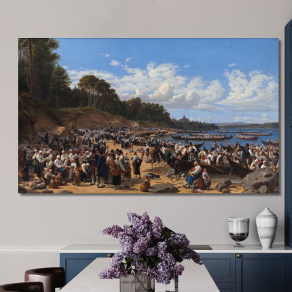 Fedeli Che Arrivano In Barca Alla Chiesa Parrocchiale Di Leksand Sul Lago Siljan Svezia Wilhelm Marstrand wmr12 quadro stampato