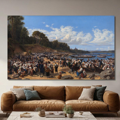 Fedeli Che Arrivano In Barca Alla Chiesa Parrocchiale Di Leksand Sul Lago Siljan Svezia Wilhelm Marstrand wmr12 quadro stampato