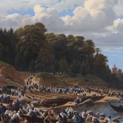 Fedeli Che Arrivano In Barca Alla Chiesa Parrocchiale Di Leksand Sul Lago Siljan Svezia Wilhelm Marstrand wmr12 quadro stampato