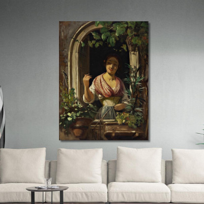 Donna Italiana Che Saluta Da Una Finestra Fine Degli Anni 1850 Wilhelm Marstrand wmr32 quadro stampato su tela
