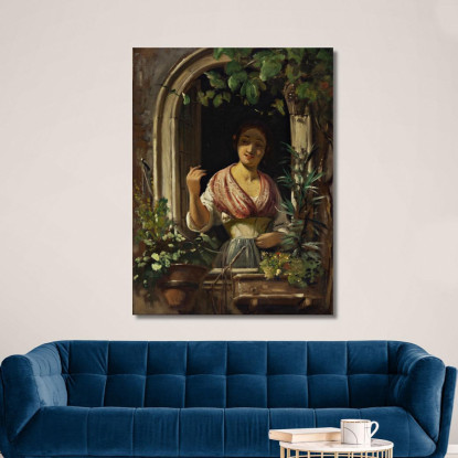 Donna Italiana Che Saluta Da Una Finestra Fine Degli Anni 1850 Wilhelm Marstrand wmr32 quadro stampato su tela