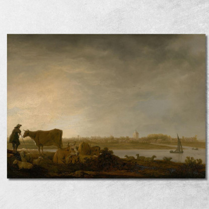 Una Veduta Di Vianen Con Un Mandriano E Bestiame Vicino A Un Fiume Aelbert Cuyp acu5 quadro stampato su tela