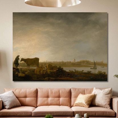 Una Veduta Di Vianen Con Un Mandriano E Bestiame Vicino A Un Fiume Aelbert Cuyp acu5 quadro stampato su tela