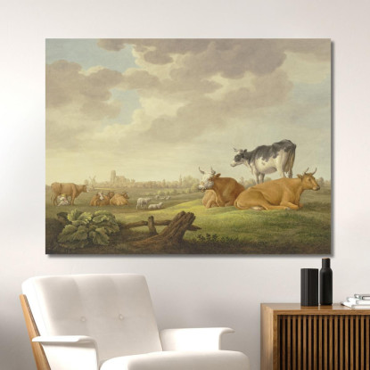Mucche E Pecore In Un Prato In Lontananza Una Città A Sinistra Una Mungitrice Aelbert Cuyp acu7 quadro stampato su tela