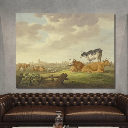 Mucche E Pecore In Un Prato In Lontananza Una Città A Sinistra Una Mungitrice Aelbert Cuyp acu7 quadro stampato su tela