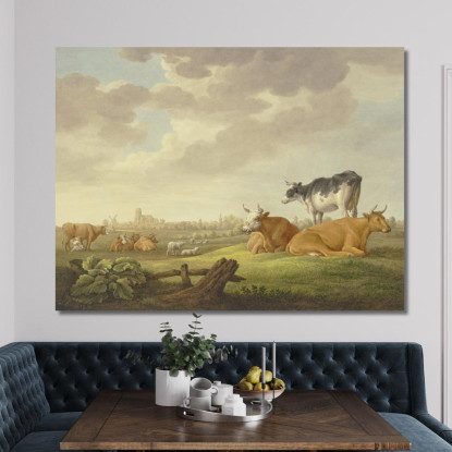 Mucche E Pecore In Un Prato In Lontananza Una Città A Sinistra Una Mungitrice Aelbert Cuyp acu7 quadro stampato su tela
