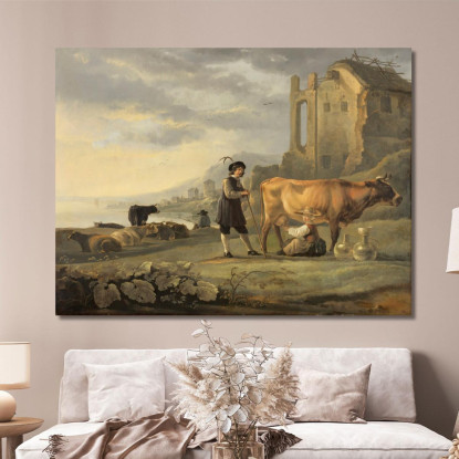 Paesaggio Con Una Domestica Che Munge Una Mucca Aelbert Cuyp acu24 quadro stampato su tela