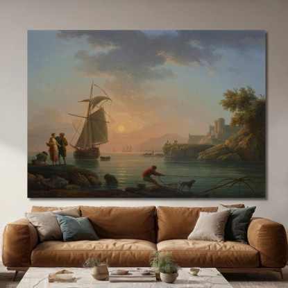 Porto Mediterraneo Al Tramonto Con Un Pescatore In Primo Piano Claude-Joseph Vernet cjv20 quadro stampato su tela