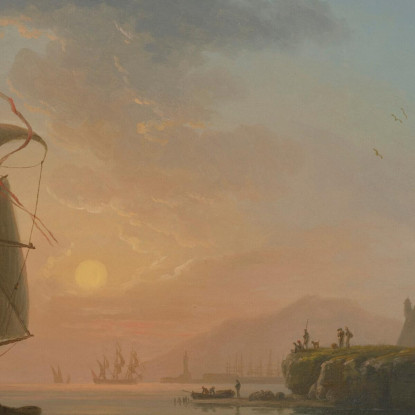 Porto Mediterraneo Al Tramonto Con Un Pescatore In Primo Piano Claude-Joseph Vernet cjv20 quadro stampato su tela