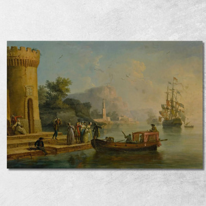 Veduta Di Un Porto Mediterraneo Con Un Gruppo Di Figure Sulla Riva E Una Grande Nave Sullo Sfondo Claude-Joseph Vernet cjv40 qu