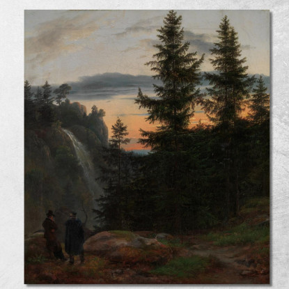 Due Uomini Davanti A Una Cascata Al Tramonto Johan Christian Dahl jcd73 quadro stampato su tela
