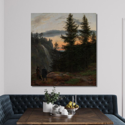 Due Uomini Davanti A Una Cascata Al Tramonto Johan Christian Dahl jcd73 quadro stampato su tela