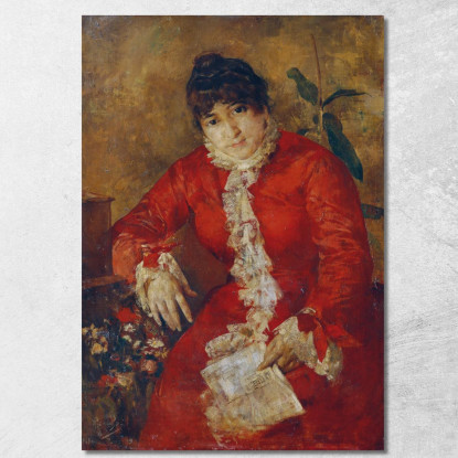 Donna In Abito Scarlatto Con Giornale E Ficus / Donna In Abito Rosso Con Giornale Anton Romako arm28 quadro stampato su tela