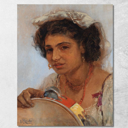 Ragazza Italiana Con Fazzoletto In Testa E Tamburello Anton Romako arm32 quadro stampato su tela