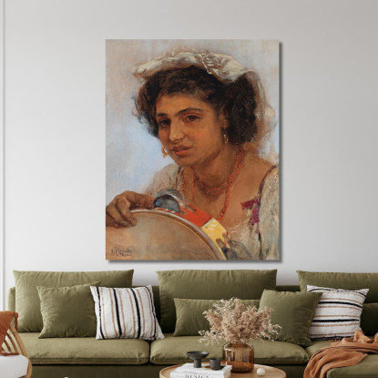 Ragazza Italiana Con Fazzoletto In Testa E Tamburello Anton Romako arm32 quadro stampato su tela
