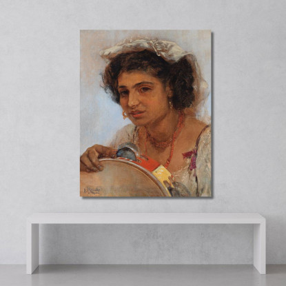 Ragazza Italiana Con Fazzoletto In Testa E Tamburello Anton Romako arm32 quadro stampato su tela