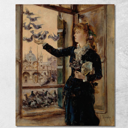 Ragazza Alla Finestra Di Piazza San Marco Che Dà Da Mangiare Ai Colombi Anton Romako arm39 quadro stampato su tela