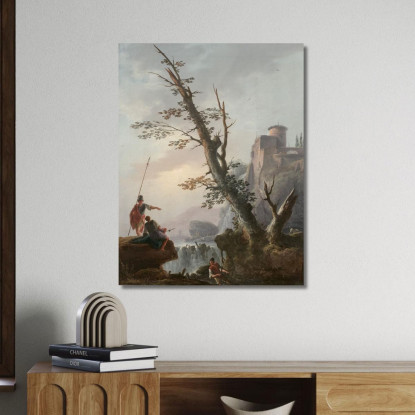 Soldati E Pescatori In Un Paesaggio Con Cascata Charles François Daubigny cfd74 quadro stampato su tela