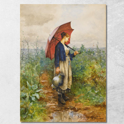 Ritratto Di Una Donna Con Ombrello Che Raccoglie Acqua Daniel Ridgway Knight drk21 quadro stampato su tela