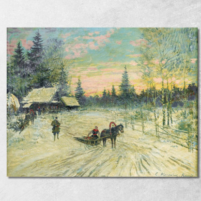Giovane Donna Su Una Slitta Che Si Allontana Da Un Cacciatore Konstantin Alexeevich Korovin kak9 quadro stampato su tela