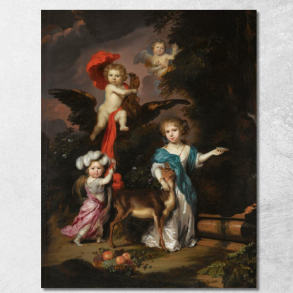 Ritratto Pastorale Di Famiglia Di Quattro Bambini Che Personificano Figure Mitologiche Tra Cui Ganimede E Diana Con Un Cervo Ni