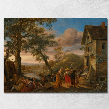 Una Chiromante E Contadini Davanti A Un'Osteria Con Un Paesaggio Fluviale Sullo Sfondo Jan Steen jsn2 quadro stampato su tela