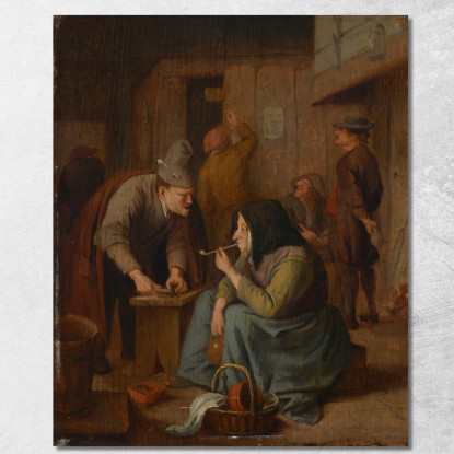 Interno Di Una Taverna Con Una Donna Che Fuma La Pipa E Un Uomo Che Taglia Il Tabacco Jan Steen jsn9 quadro stampato su tela