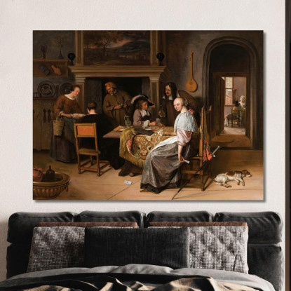 Una Compagnia Elegante In Un Interno Con Figure Che Giocano A Carte A Un Tavolo Jan Steen jsn15 quadro stampato su tela
