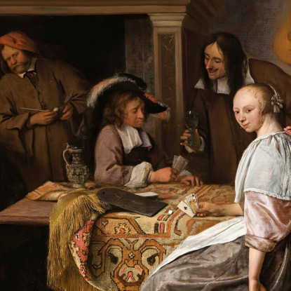 Una Compagnia Elegante In Un Interno Con Figure Che Giocano A Carte A Un Tavolo Jan Steen jsn15 quadro stampato su tela